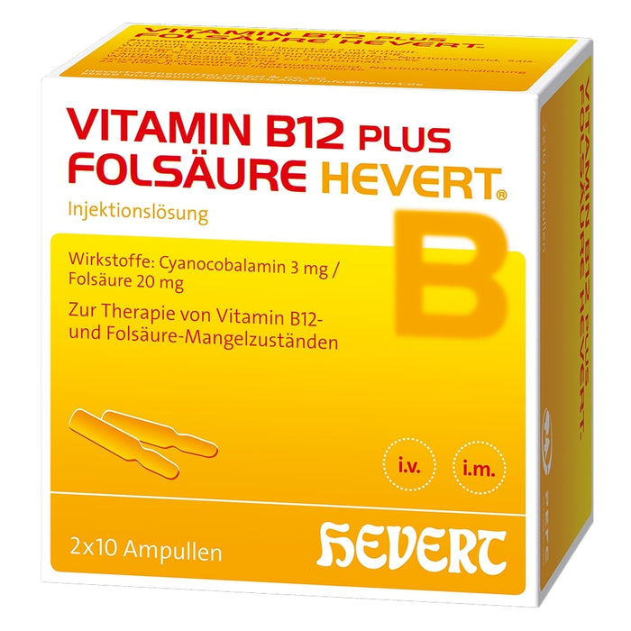 Vitamin B12 plus Folsäure Hevert zur Therapie und Prophylaxe von Folsäure- und Vitamin B12-Mangel, 20 St. Ampullen