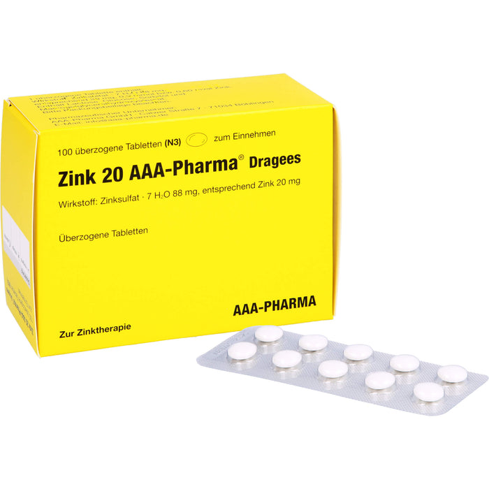 Zink 20 AAA-Pharma Dragees zur Zinktherapie, 100 pc Tablettes