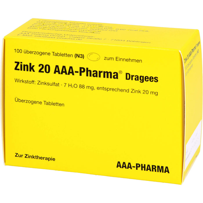 Zink 20 AAA-Pharma Dragees zur Zinktherapie, 100 pc Tablettes