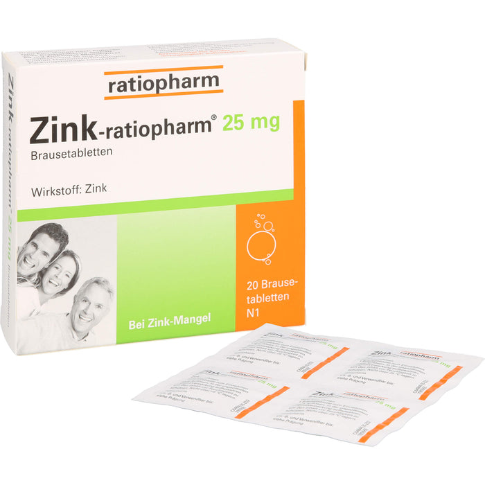 Zink-ratiopharm 25 mg Brausetabletten bei Zink-Mangel, 20 St. Tabletten