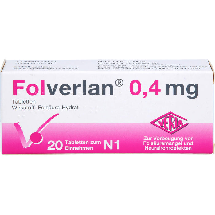 VERLA Folverlan 0,4 mg Tabletten zur Vorbeugung von Folsäuremangel und Neuralrohrdefekten, 20 pc Tablettes