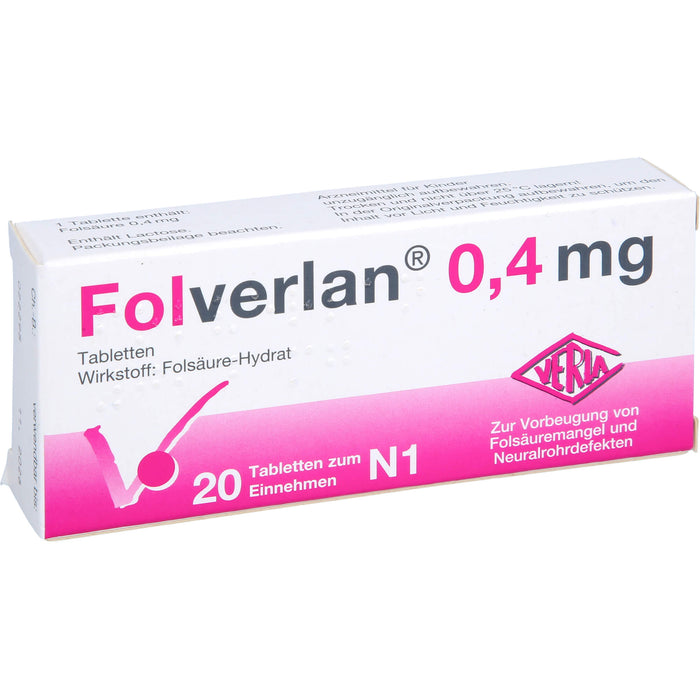 VERLA Folverlan 0,4 mg Tabletten zur Vorbeugung von Folsäuremangel und Neuralrohrdefekten, 20 pc Tablettes