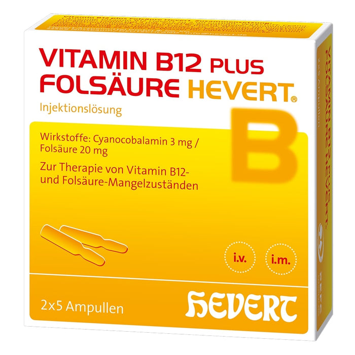 Vitamin B12 plus Folsäure Hevert zur Therapie und Prophylaxe von Folsäure- und Vitamin B12-Mangel, 10 St. Ampullen