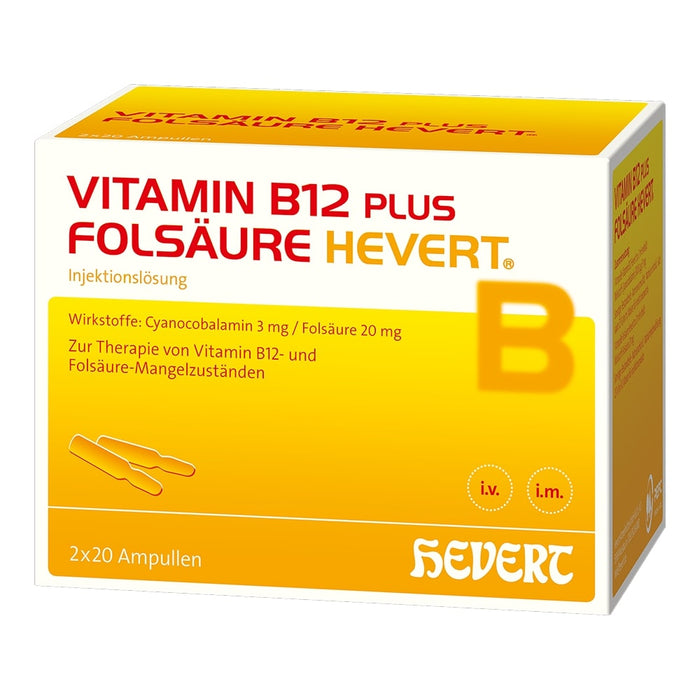 Vitamin B12 plus Folsäure Hevert zur Therapie und Prophylaxe von Folsäure- und Vitamin B12-Mangel, 40 St. Ampullen