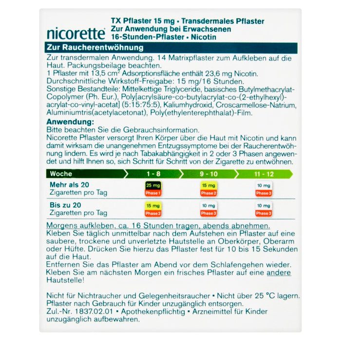 nicorette TX Pflaster 15 mg zur Raucherentwöhnung, 14 pc Pansement