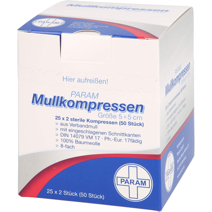 PARAM Mullkompressen 5 cm x 5 cm steril 8-fach, 50 St. Kompressen