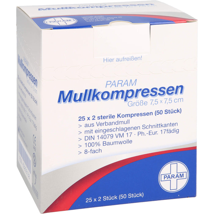 PARAM Mullkompressen 7,5 cm x 7,5 cm steril 8-fach, 50 pcs. Compresses