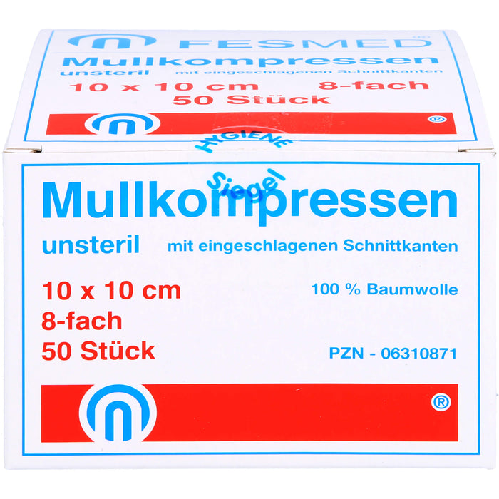 FESMED ES-Mullkompressen 10 x 10 cm 8fach unsteril mit eingeschlagenen Schnittkanten, 50 St. Kompressen