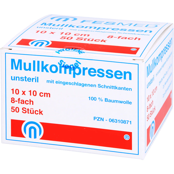 FESMED ES-Mullkompressen 10 x 10 cm 8fach unsteril mit eingeschlagenen Schnittkanten, 50 St. Kompressen