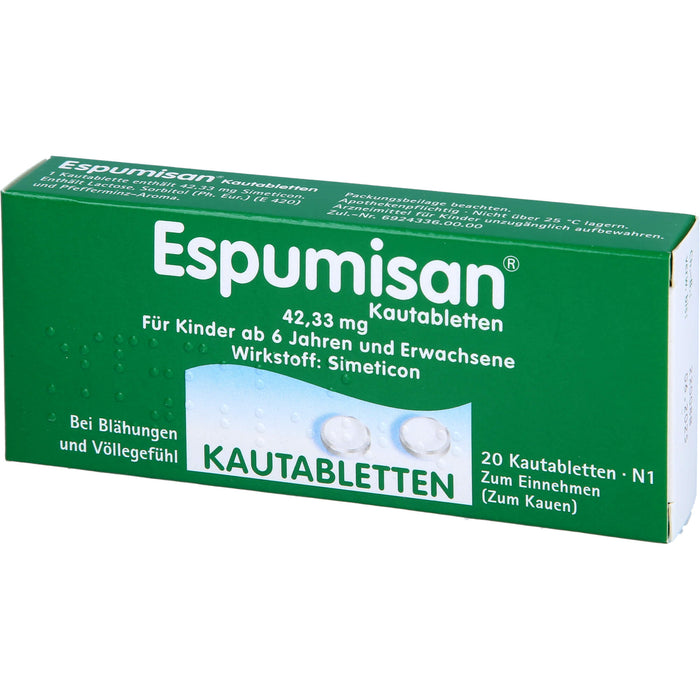 Espumisan 42,33 mg Kautabletten bei Blähungen und Völlegefühl, 20 pc Tablettes