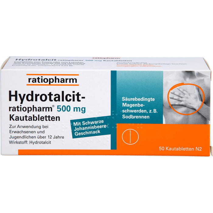 Hydrotalcit-ratiopharm 500 mg Kautabletten bei säurebedingte Magenbeschwerden wie Sodbrennen, 50 St. Tabletten