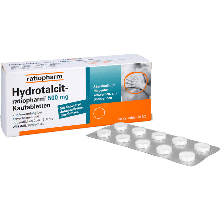 Hydrotalcit-ratiopharm 500 mg Kautabletten bei säurebedingte Magenbeschwerden wie Sodbrennen, 50 pc Tablettes