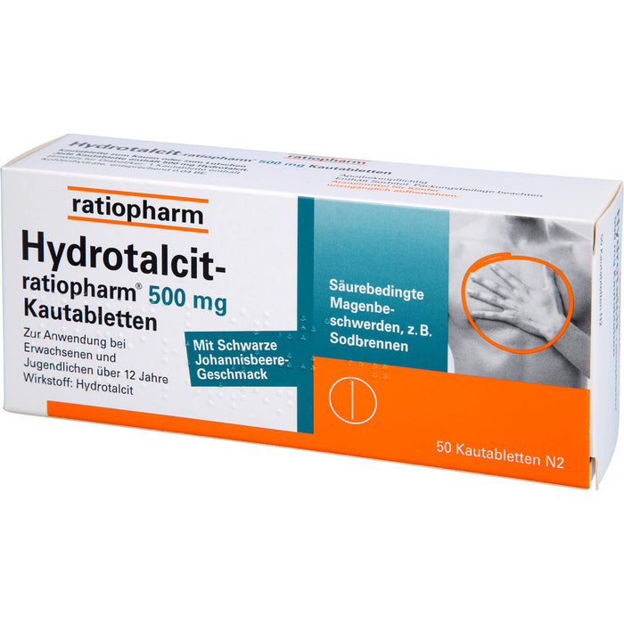 Hydrotalcit-ratiopharm 500 mg Kautabletten bei säurebedingte Magenbeschwerden wie Sodbrennen, 50 pcs. Tablets