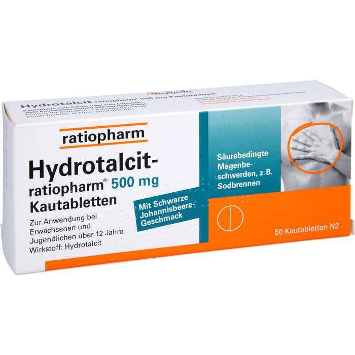 Hydrotalcit-ratiopharm 500 mg Kautabletten bei säurebedingte Magenbeschwerden wie Sodbrennen, 50 pcs. Tablets