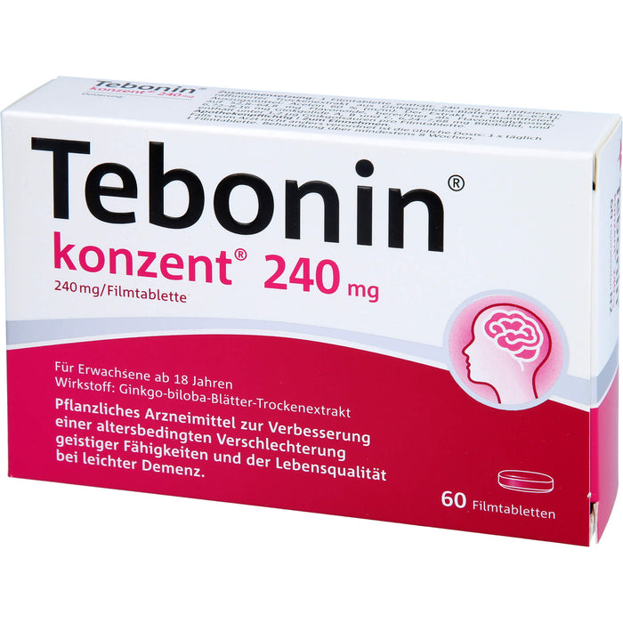 Tebonin konzent 240 mg Filmtabletten zur Verbesserung einer altersbedingten Verschlechterung geistiger Fähigkeiten und der Lebensqualität bei leichter Demenz, 60 pc Tablettes