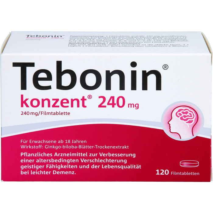 Tebonin konzent 240 mg Filmtabletten zur Verbesserung einer altersbedingten Verschlechterung geistiger Fähigkeiten und der Lebensqualität bei leichter Demenz, 120 pc Tablettes