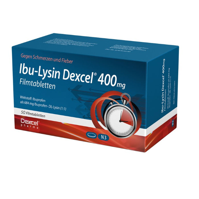 Ibu-Lysin Dexcel 400 mg Tabletten bei Schmerzen und Fieber, 50 pcs. Tablets