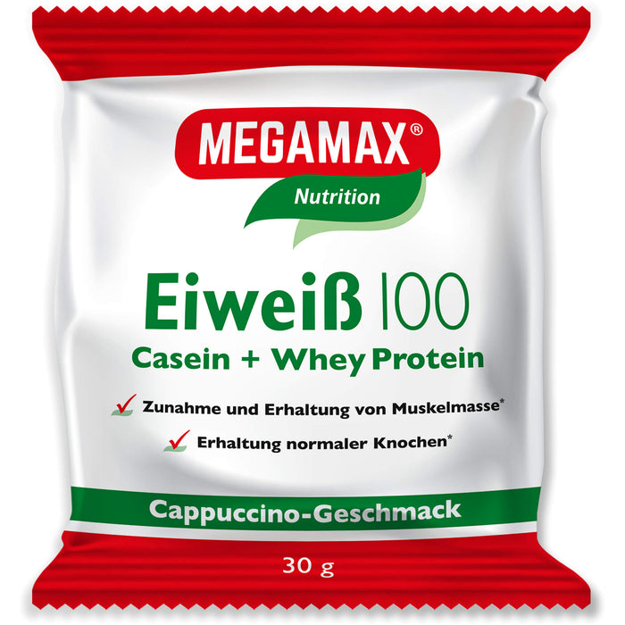 MEGAMAX Nutrition Eiweiß 100 Pulver Cappuccino-Geschmack, 30 g Powder