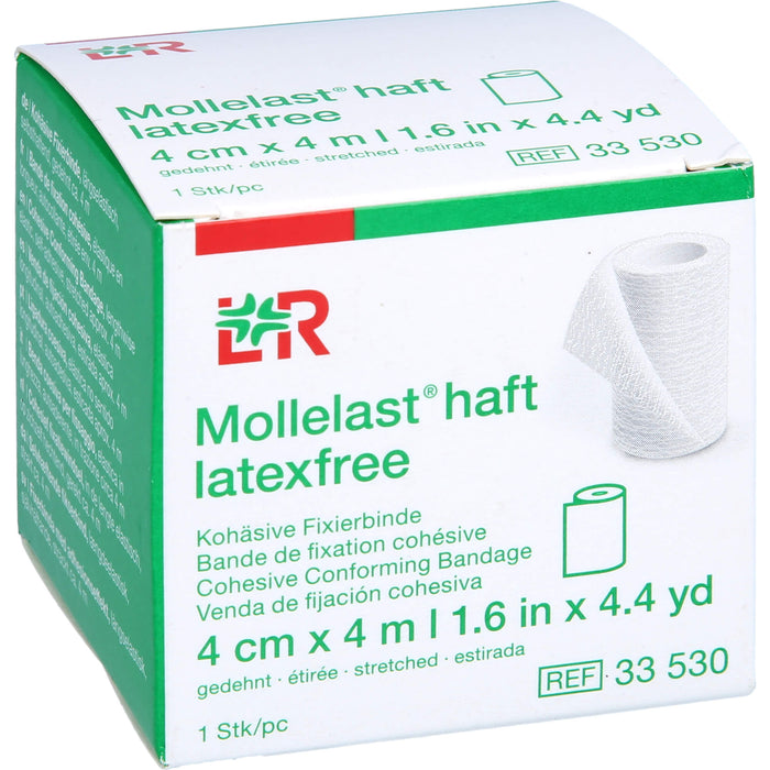 Mollelast haft latexfrei weiß 4cm x 4m kohäsive Fixierbinde zum Stützen und Entlasten von Gelenken, 1 St. Packung