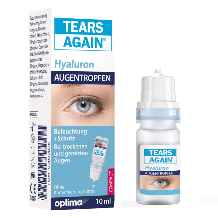 TEARS AGAIN Hyaluron 0,1% Augentropfen zur Befeuchtung der Augenoberfläche, ohne Konservierungsmittel, 10 ml Lösung