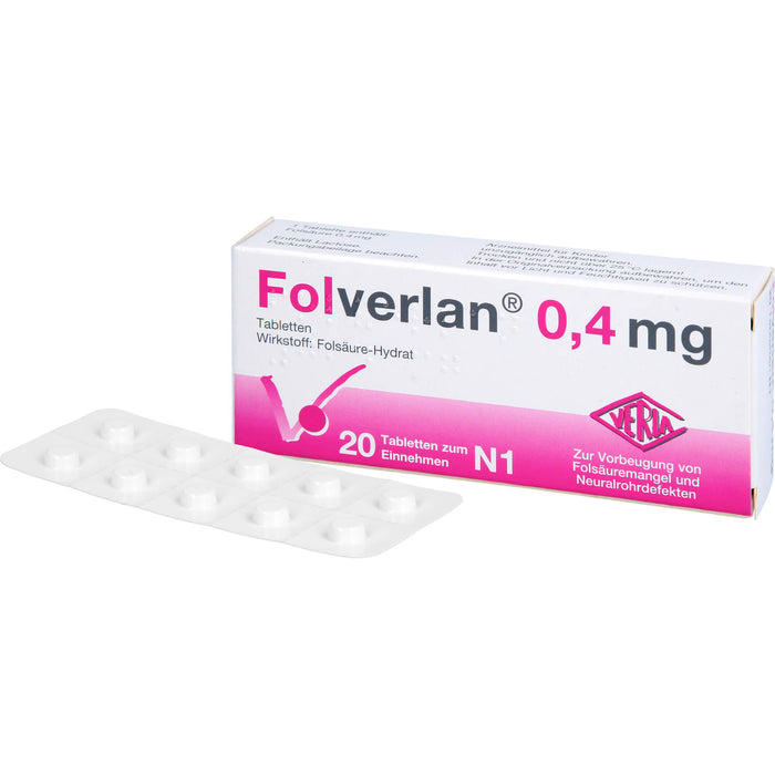 VERLA Folverlan 0,4 mg Tabletten zur Vorbeugung von Folsäuremangel und Neuralrohrdefekten, 20 St. Tabletten