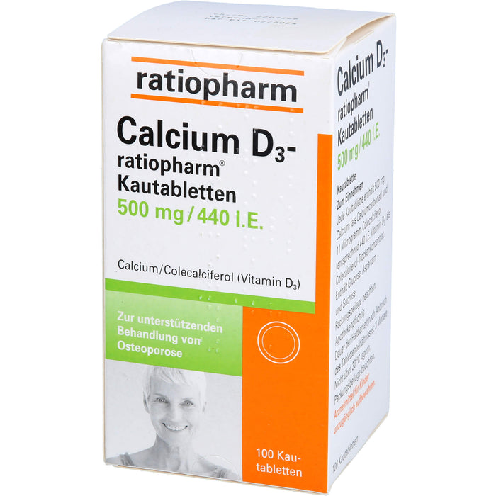 Calcium D3-ratiopharm Kautabletten 500 mg/440 I.E. zur unterstützenden Behandlung von Osteoporose, 100 pcs. Tablets