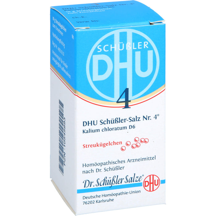 DHU Schüßler-Salz Nr. 4 Kalium chloratum D6 Streukügelchen – Das Mineralsalz der Schleimhäute – das Original – umweltfreundlich im Arzneiglas, 10 g Globuli