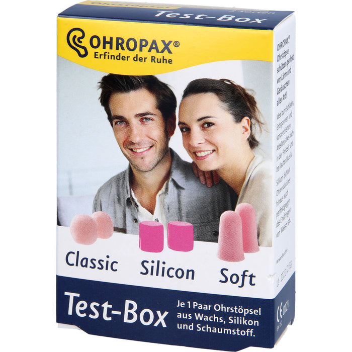 OHROPAX Test-Box je 1 Paar Ohrstöpsel aus Wachs, Silikon und Schaumstoff, 6 pc Bouchons d'oreilles