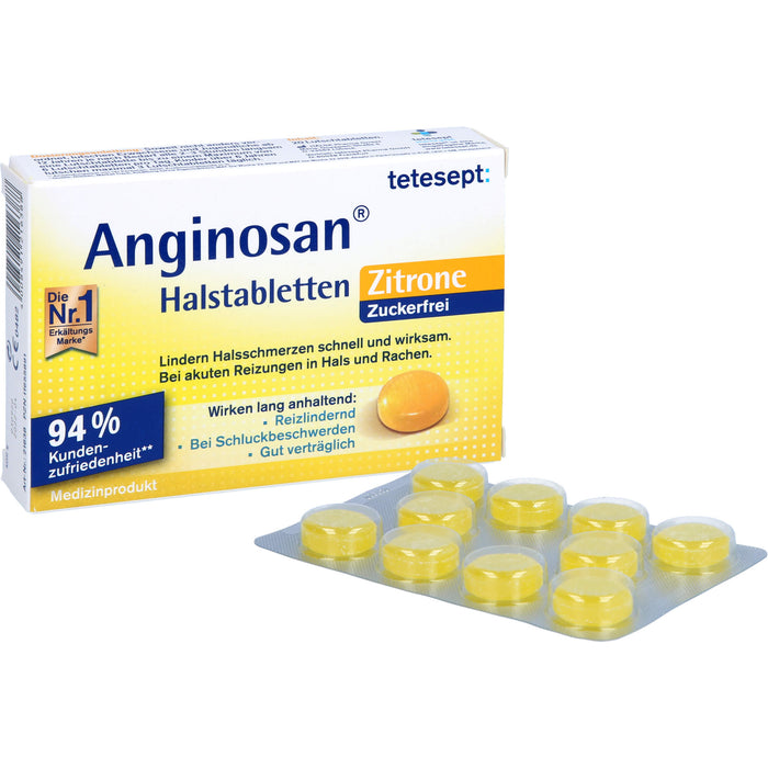 tetesept Anginosan Halstabletten Zitrone zuckerfrei lindern Halsschmerzen bei akuten Reizungen in Hals und Rachen, 20 pcs. Tablets