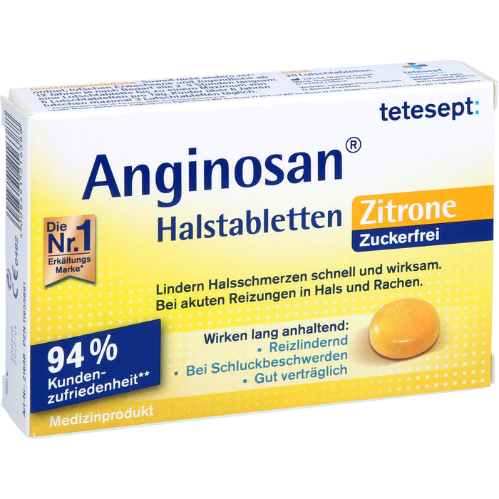 tetesept Anginosan Halstabletten Zitrone zuckerfrei lindern Halsschmerzen bei akuten Reizungen in Hals und Rachen, 20 pcs. Tablets