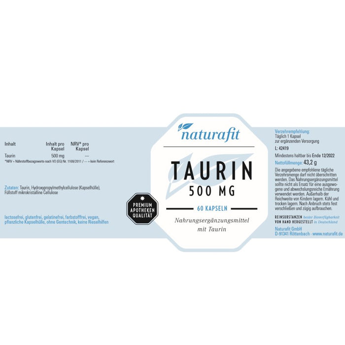 naturafit Taurin 500 mg Kapseln, 60 St. Kapseln