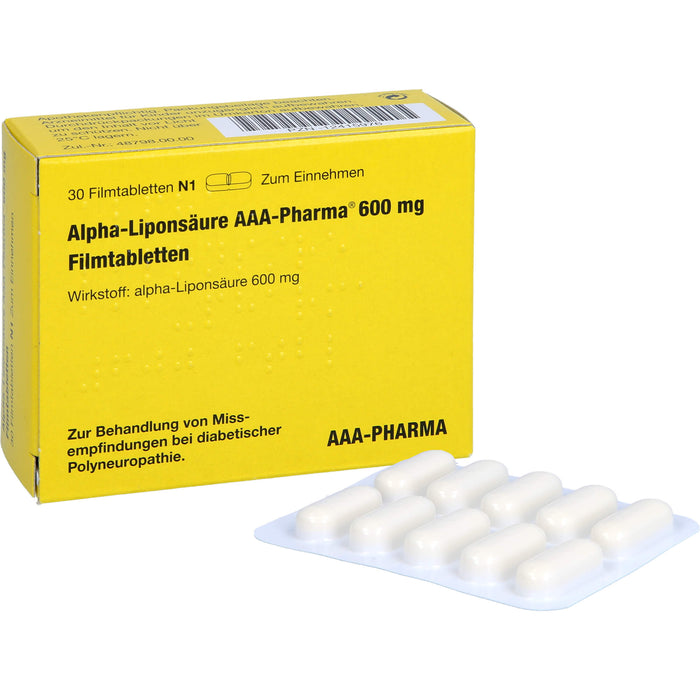 Alpha-Liponsäure AAA-Pharma 600 mg Filmtabletten zur Behandlung von Missempfindungen bei diabetischer Polyneuropathie, 30 pcs. Tablets