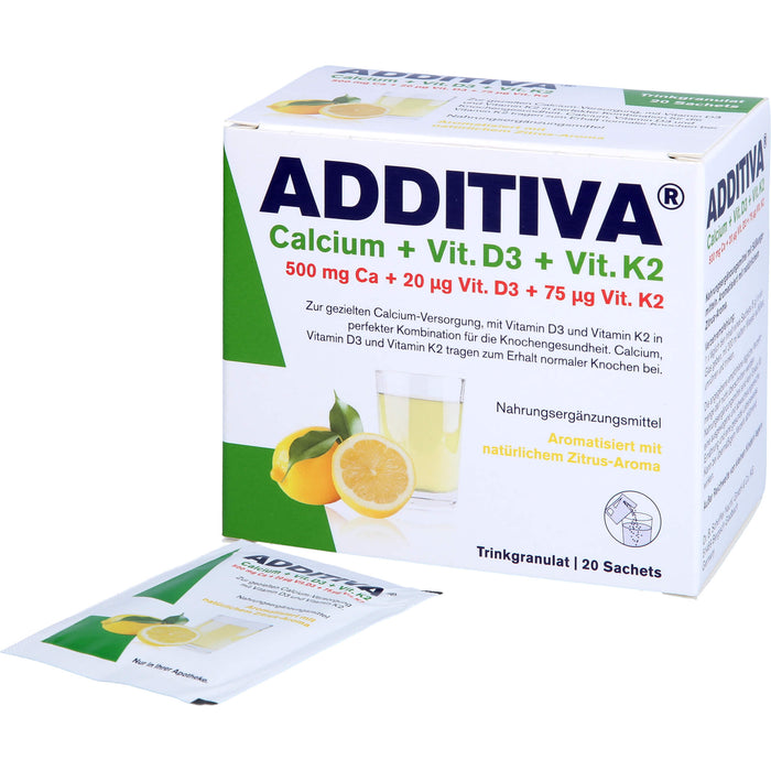 ADDITIVA Calcium + D3 + K2 Trinkgranulat Zitrus-Aroma, 20 pc Sachets