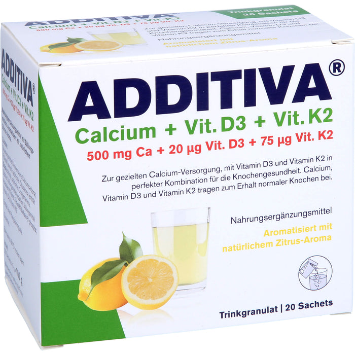 ADDITIVA Calcium + D3 + K2 Trinkgranulat Zitrus-Aroma, 20 pcs. Sachets