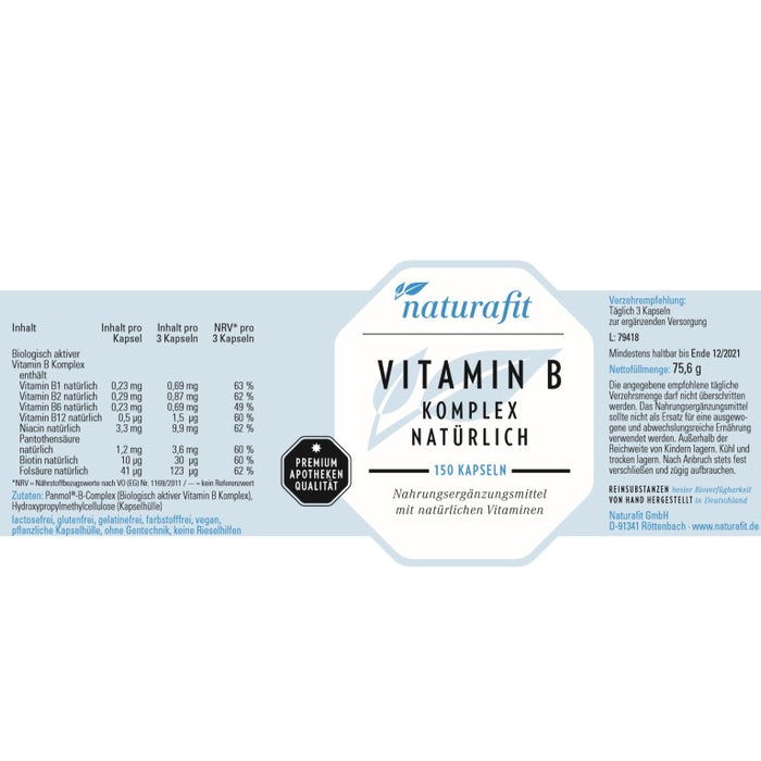 naturafit Vitamin B Komplex natürlich Kapseln, 150 pcs. Capsules