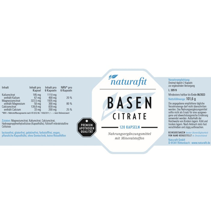 naturafit Basencitrate Kapseln, 120 St. Kapseln