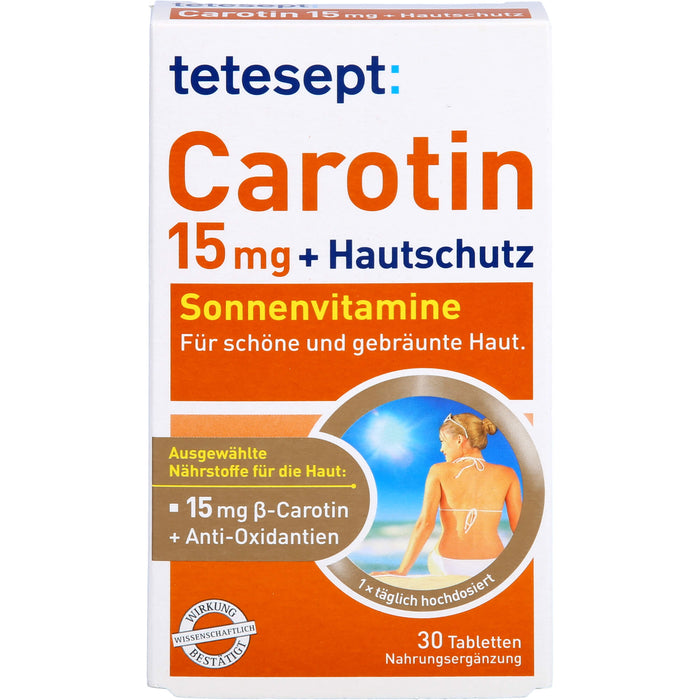 tetesept Carotin 15 mg + Hautschutz Sonnenvitamine für schöne und gebräunte Haut, 30 pc Tablettes