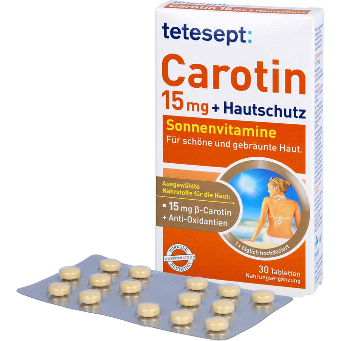 tetesept Carotin 15 mg + Hautschutz Sonnenvitamine für schöne und gebräunte Haut, 30 pcs. Tablets