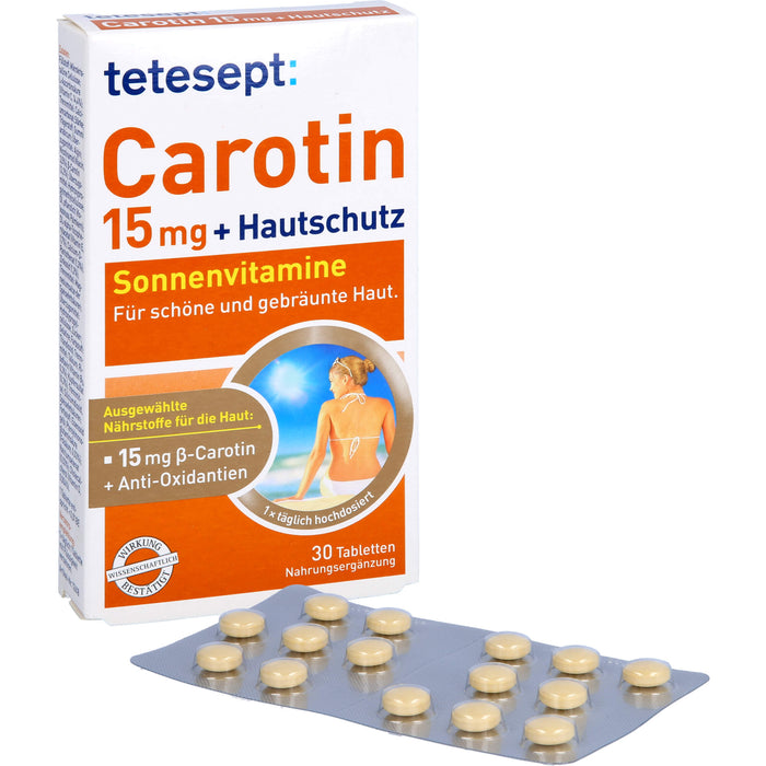 tetesept Carotin 15 mg + Hautschutz Sonnenvitamine für schöne und gebräunte Haut, 30 pc Tablettes