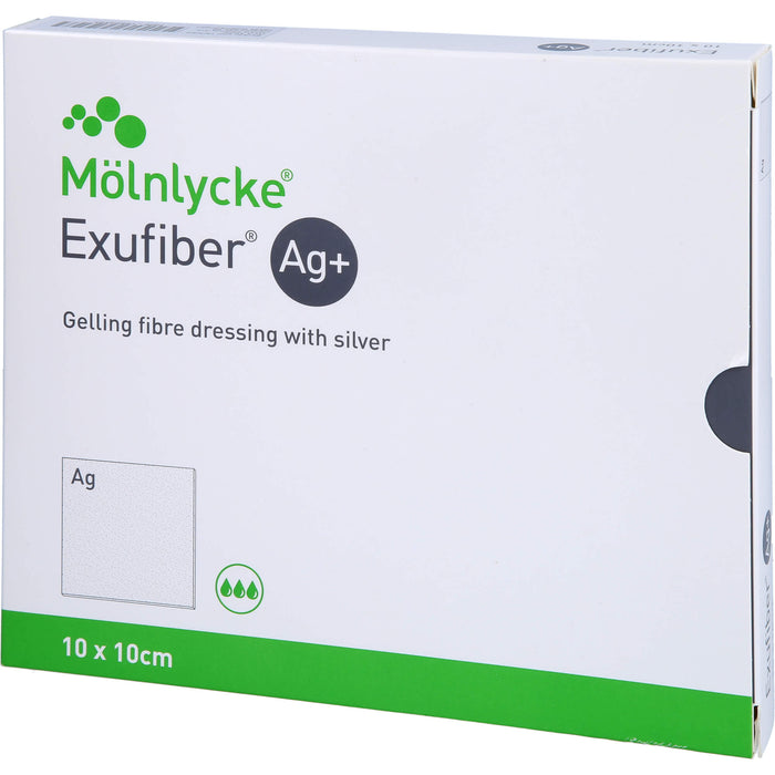 Mölnlycke Exufiber Ag+ 10 x 10 cm Gel-Faserverband mit Silber zur Versorgung stark exsudierender Wunden, 10 pcs. dressing