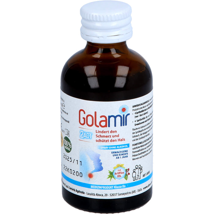 Aboca Golamir 2Act Spray ohne Alkohol lindert den Schmerz und schützt den Hals, 30 ml Solution