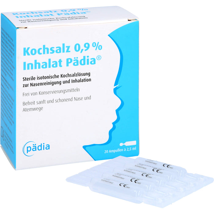 Kochsalz 0,9 % Inhalat Pädia sterile isotonische Kochsalzlösung zur Nasenreinigung und Inhalation, 20 pcs. Ampoules