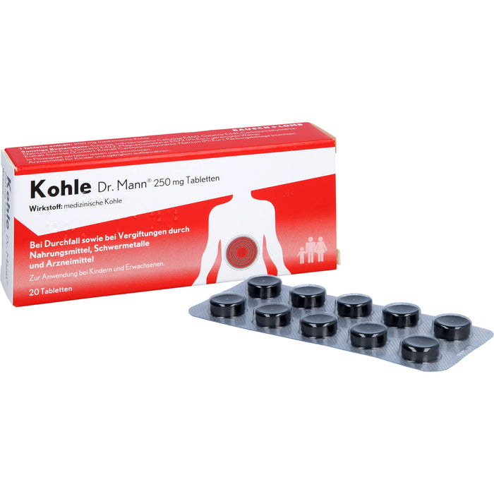 Kohle Dr. Mann 250 mg Tabletten bei Durchfall sowie bei Vergiftungen  durch Nahrungsmittel, 20 pcs. Tablets