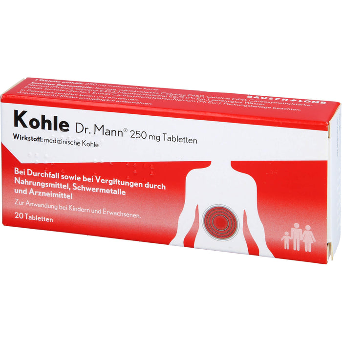 Kohle Dr. Mann 250 mg Tabletten bei Durchfall sowie bei Vergiftungen  durch Nahrungsmittel, 20 pc Tablettes