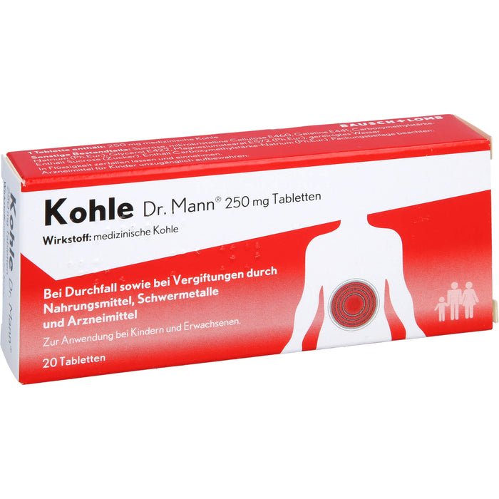 Kohle Dr. Mann 250 mg Tabletten bei Durchfall sowie bei Vergiftungen  durch Nahrungsmittel, 20 pc Tablettes