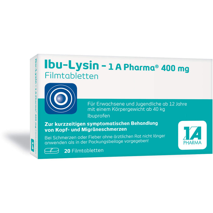 Ibu-Lysin 1A Pharma 400 mg Filmtabletten zur kurzzeitigen symptomatischen Behandlung von Kopf- und Migräneschmerzen, 20 pcs. Tablets