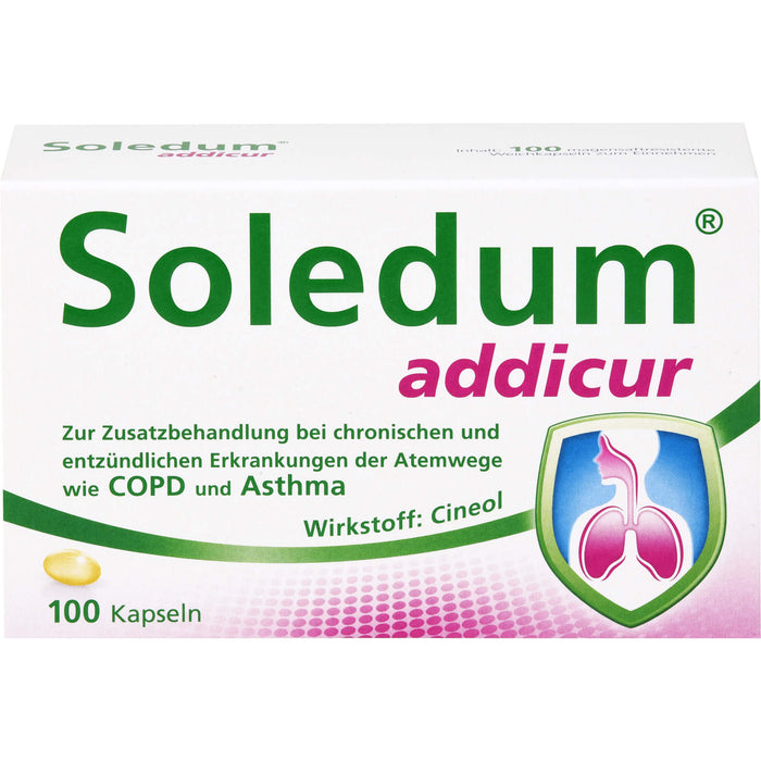 Soledum addicur Weichkapseln zur Zusatzbehandlung bei chronischen und entzündlichen Erkrankungen der Atemwege wie COPD & Asthma, 100 pc Capsules