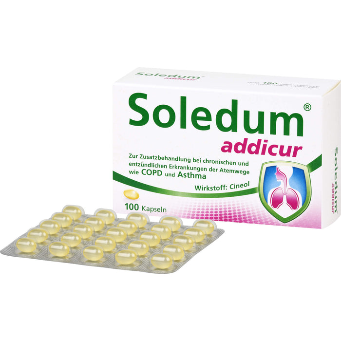 Soledum addicur Weichkapseln zur Zusatzbehandlung bei chronischen und entzündlichen Erkrankungen der Atemwege wie COPD & Asthma, 100 pcs. Capsules