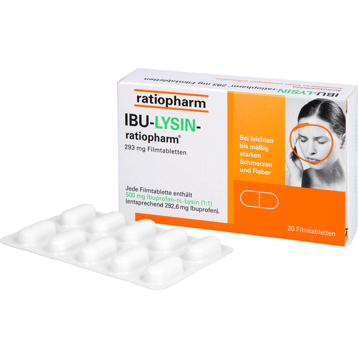 IBU-LYSIN-ratiopharm 293 mg Filmtabletten bei Schmerzen und Fieber, 20 St. Tabletten