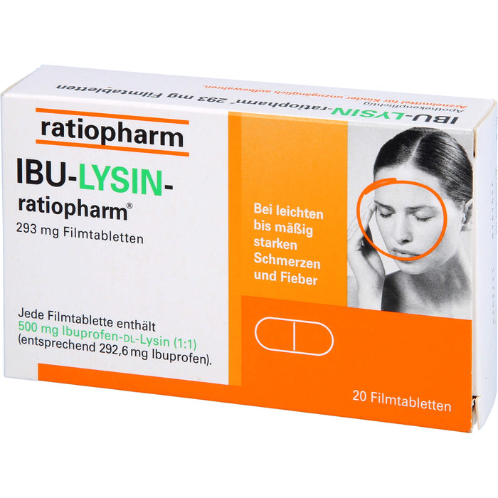 IBU-LYSIN-ratiopharm 293 mg Filmtabletten bei Schmerzen und Fieber, 20 pcs. Tablets